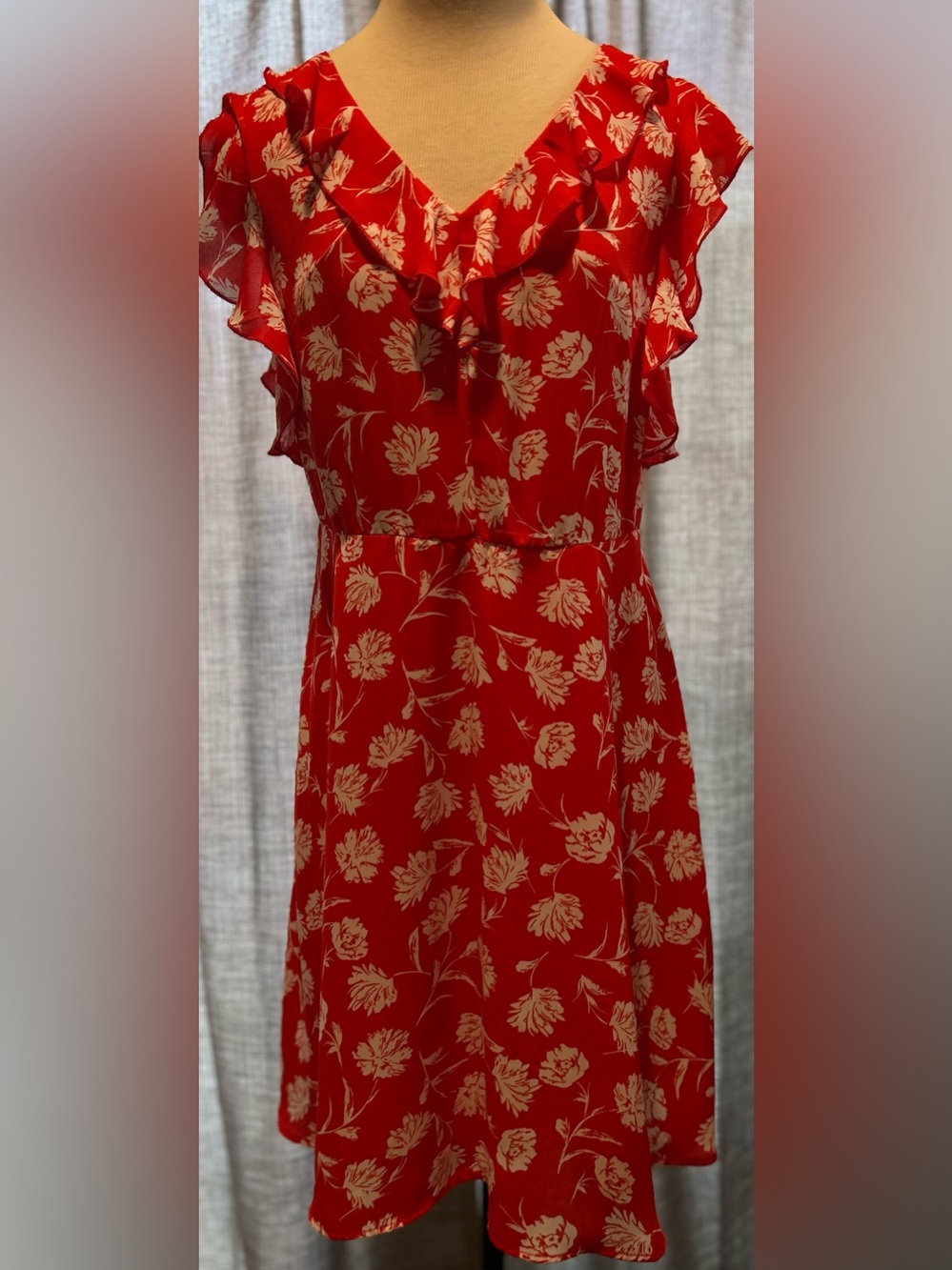 Premise Red and Cream Floral Ruffle Dress